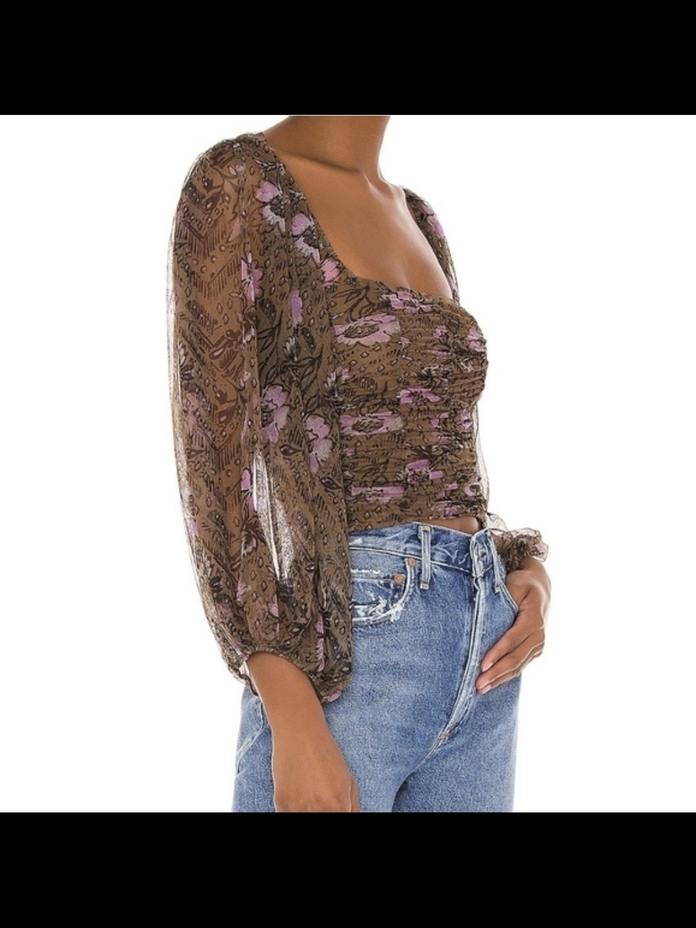 Free People Lilia Crop Brown Floral Mesh with Purple And Square Neckline Small - Picture 3 of 9